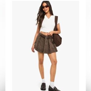 Boohoo Women's Brown Premium Wool Look Flannel Belted Mini Skirt Size L